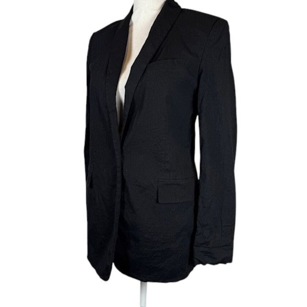 Theory Linen‎ Viscose Roll Sleeve One Button Black Fluid Crunch Blazer Size 0